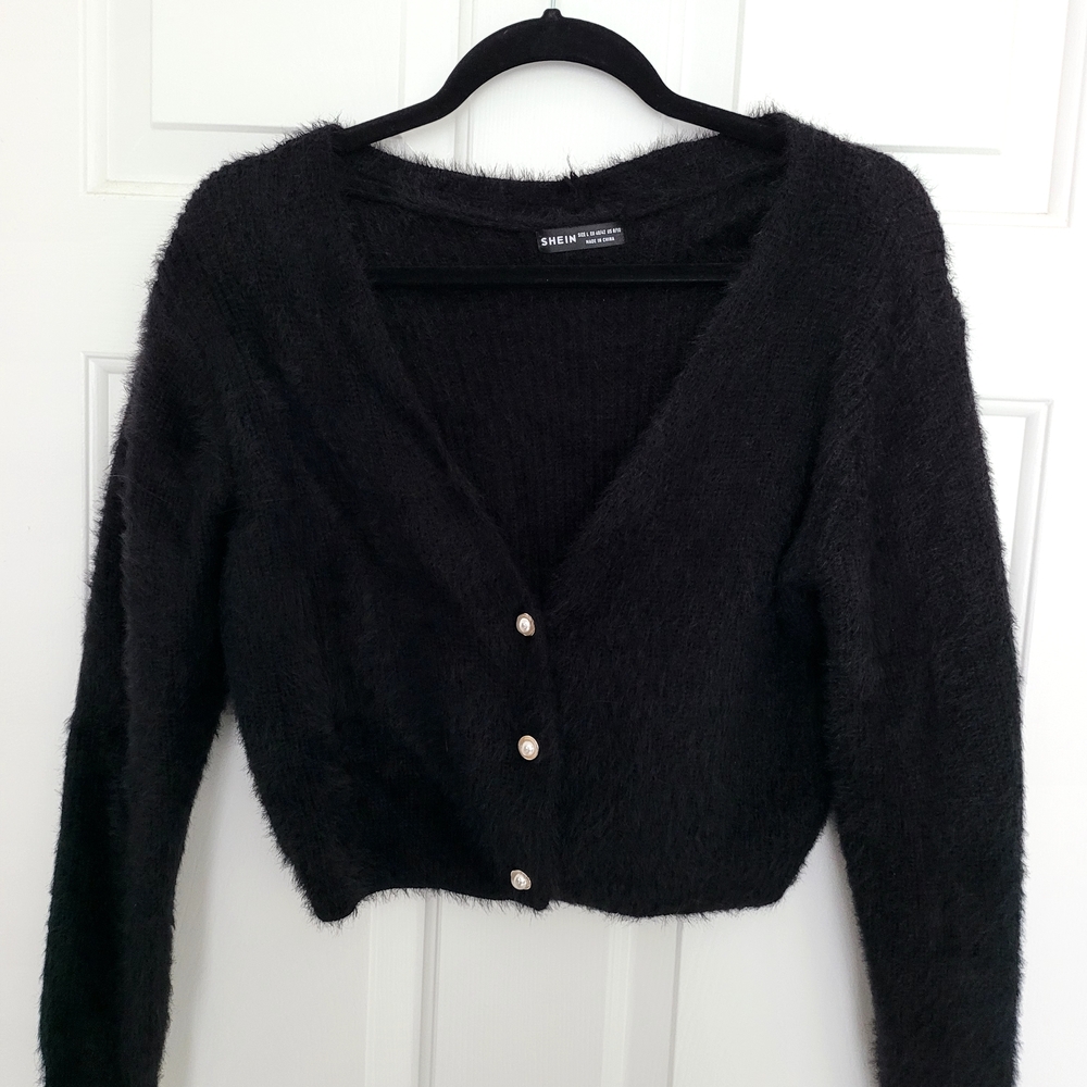 SHEIN Black Fuzzy V-Neck Button Cardigan Sweater